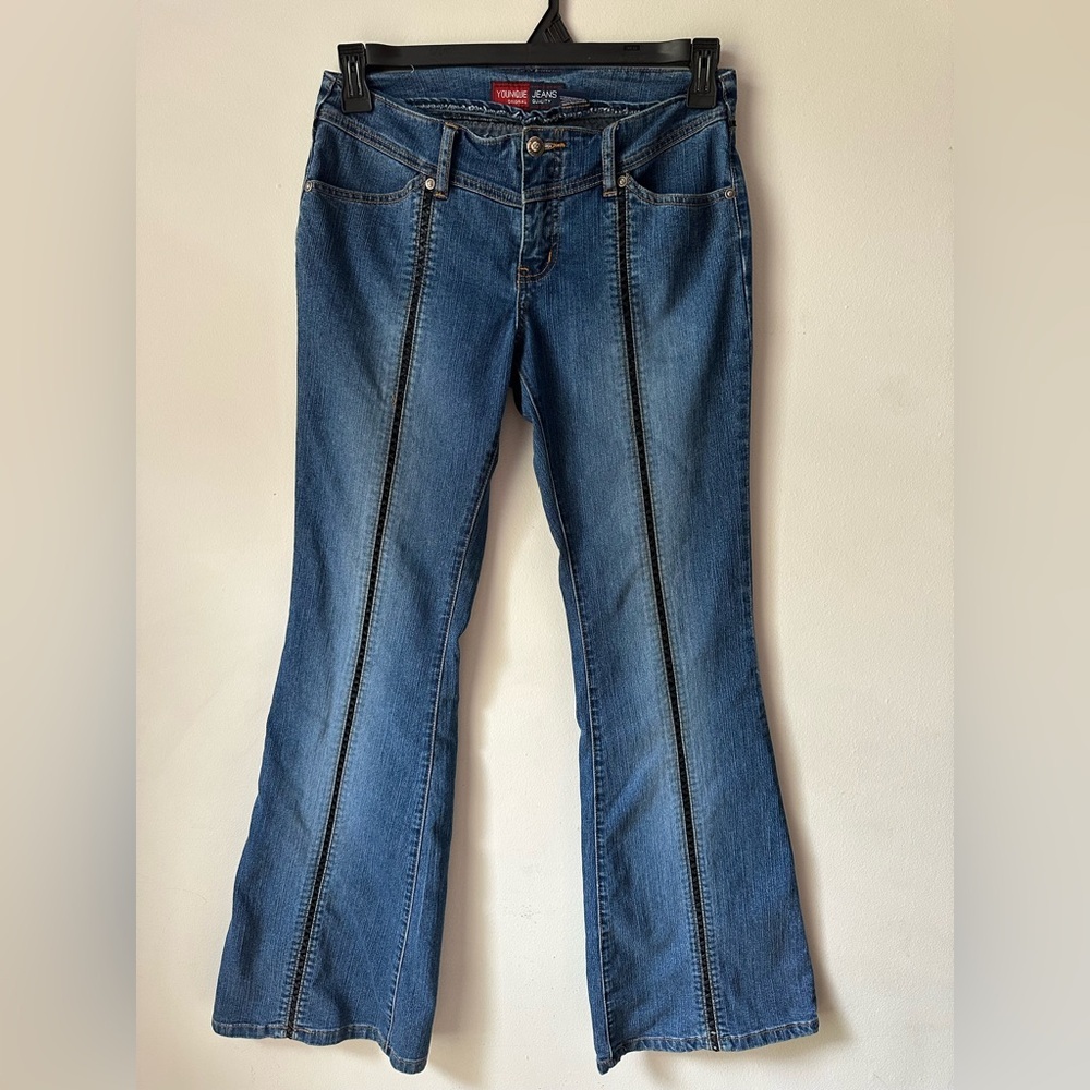 Younique Original Women’s Flare Jeans Low Rise Faux Leather Trim Sz 5 Y2k